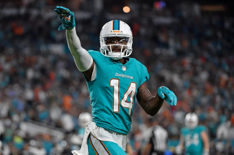 Miami Dolphins wide receiver Jarvis Landry (14) celebrates after his touchdown against the Oakland Raiders during the second half at Hard Rock Stadium. Mandatory Credit: Jasen Vinlove-USA TODAY Sports