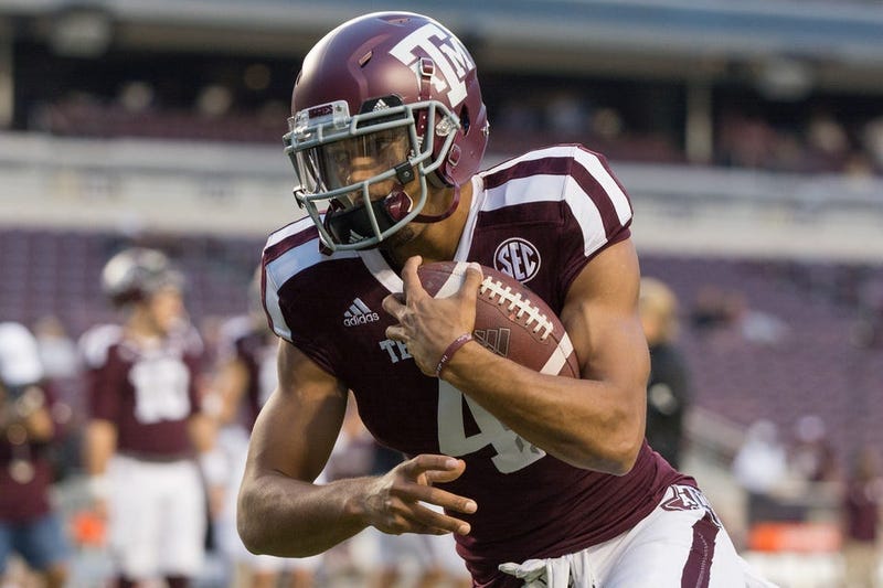 Texas A&M wide receiver Damion Ratley (4) participates in passing drills prior to the game against the visiting New Mexico Lobos at Kyle Field.