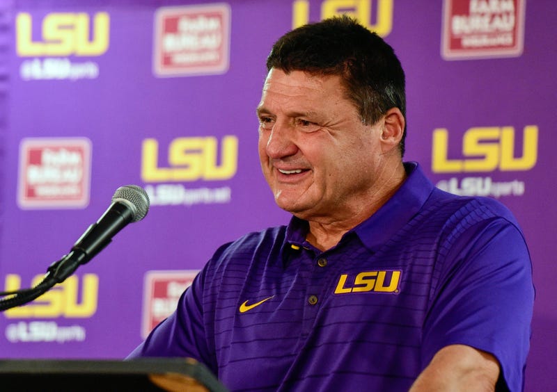 Nov 4, 2017; Tuscaloosa, AL, USA; LSU Tigers head coach Ed Orgeron speaks to the media after being defeated by the Alabama Crimson Tide at Bryant-Denny Stadium.