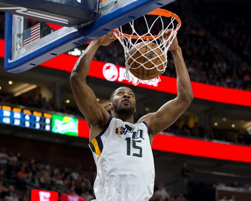 Dec 1, 2017; Salt Lake City, UT, USA; Utah Jazz forward Derrick Favors (15) dunks the ball during the second half against the New Orleans Pelicans at Vivint Smart Home Arena. 