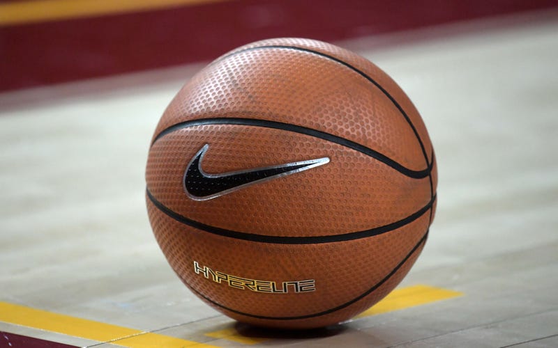 General overall view of a Nike basketball on the court during an NCAA basketball  game.