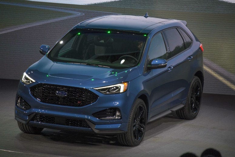 Jan 14, 2018; Detroit, MI, USA; Ford reveals the 2019 Edge ST during the North American International Auto Show at Detroit's Cobo Center.
