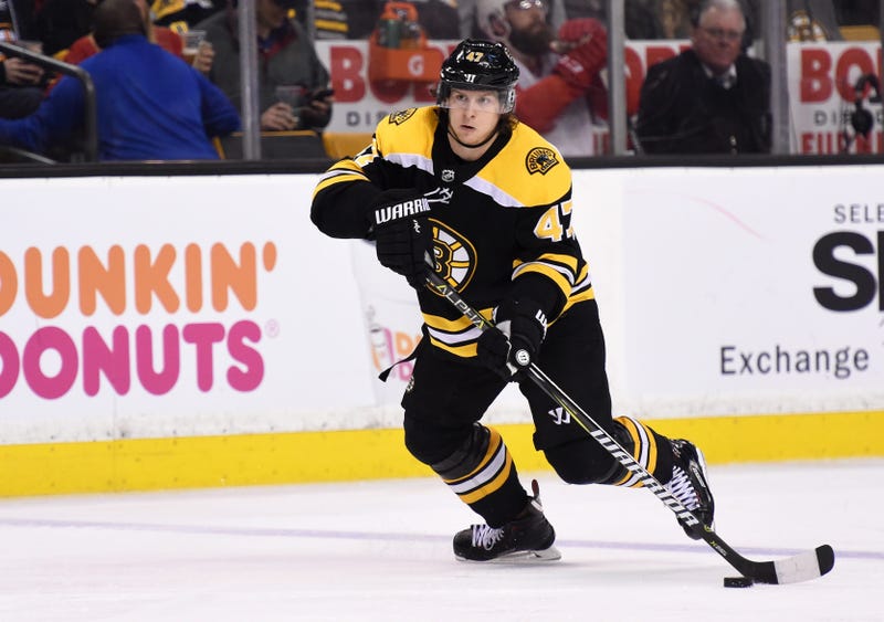 Mar 6, 2018; Boston, MA, USA; Boston Bruins defenseman Torey Krug (47) controls the puck during the third period against the Detroit Red Wings at TD Garden.
