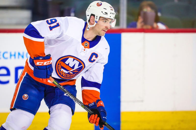 John Tavares skates during the warmup period against the Calgary Flames at Scotiabank Saddledome in Calgary, Alberta.