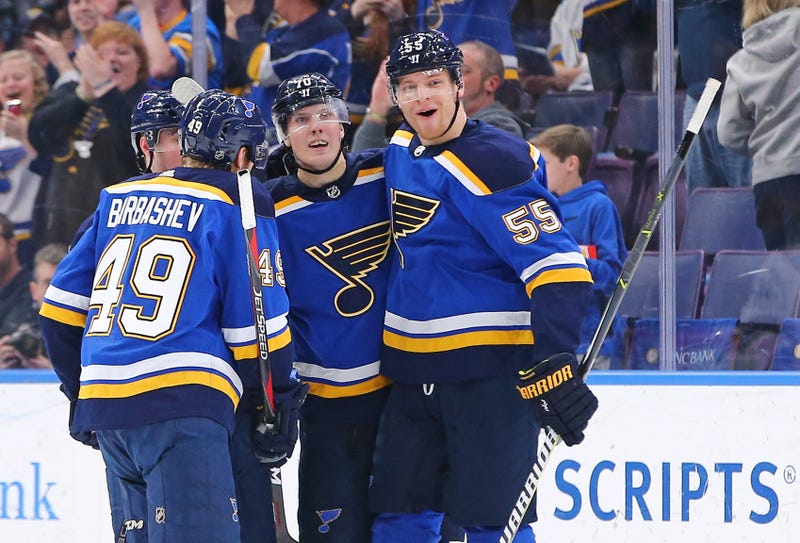 St. Louis Blues center Oskar Sundqvist (70) is congratulated by teammates Colton Parayko