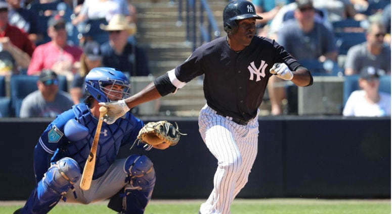 Estevan Florial hits a single during the sixth inning at George M. Steinbrenner Field.
