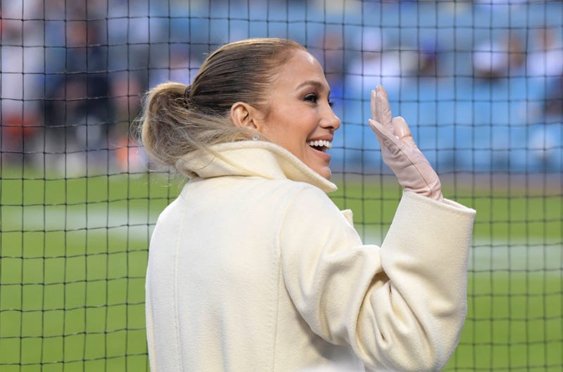 Recording artist Jennifer Lopez attends a MLB baseball game between the San Francisco Giants and the Los Angeles Dodgers at Dodger Stadium.