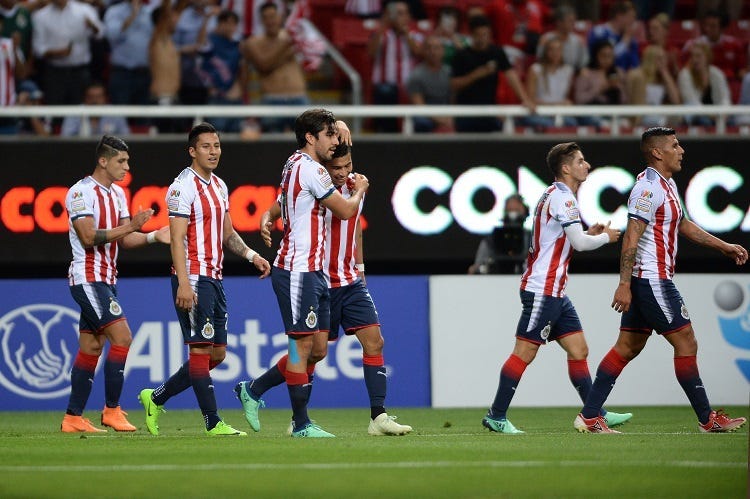 Chivas Guadalajara celebrate after a goal from midfielder Orbelin Pineda (7) during the first half against the Toronto FC at Akron Stadium.