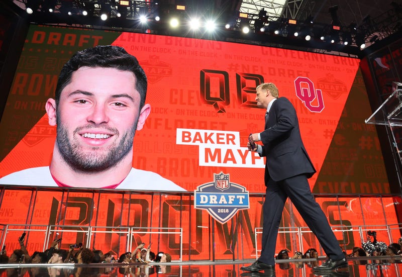 Apr 26, 2018; Arlington, TX, USA; NFL commissioner commissioner Roger Goodell walks off stage as Baker Mayfield is selected as the number one overall pick to the Cleveland Browns in the first round of the 2018 NFL Draft at AT&T Stadium. 
