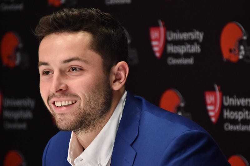 Cleveland Browns first round and overall number one pick in the NFL draft Baker Mayfield answers questions during a press conference at the Cleveland Browns training facility