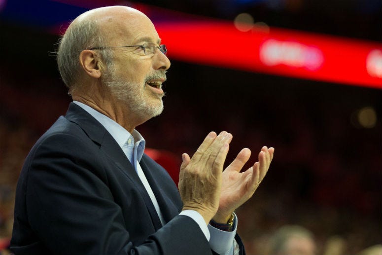 May 7, 2018; Philadelphia, PA, USA; Pennsylvania governor Tom Wolf cheers on during the third quarter in game four of the second round of the 2018 NBA Playoffs between the Philadelphia 76ers and the Boston Celtics at Wells Fargo Center. 