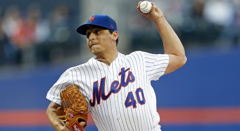 Jason Vargas pitches against the Miami Marlins during the first inning at Citi Field.