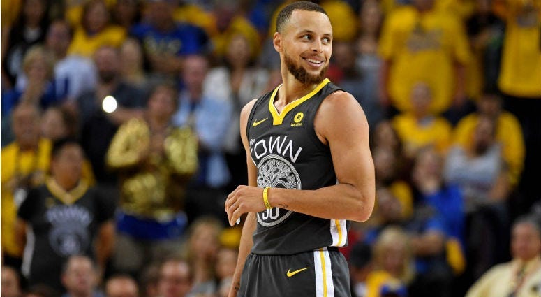 Stephen Curry reacts during the fourth quarter against the Cleveland Cavaliers in game two of the 2018 NBA Finals at Oracle Arena.