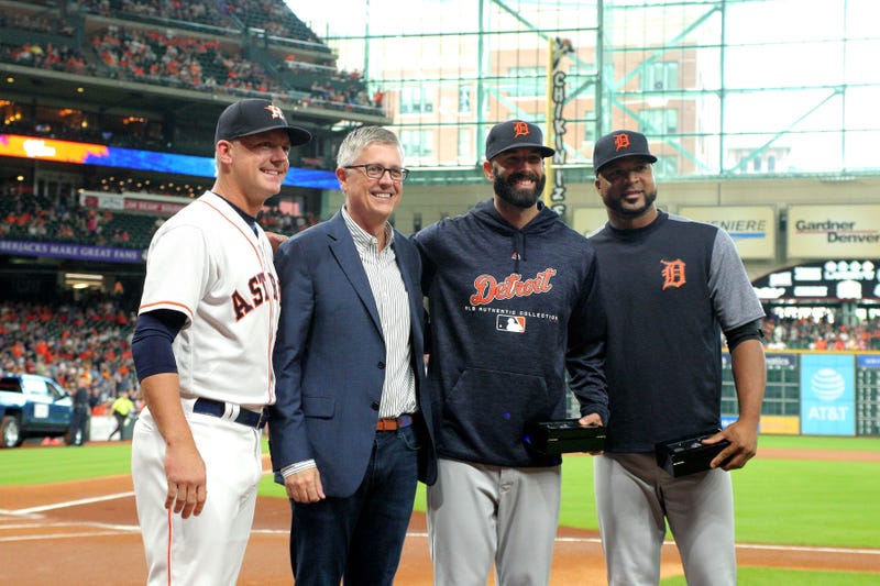 (from L-to-R) Houston Astros manager AJ Hinch (14) and Houston Astros President of Baseball Operations Jeff Luhnow pose with Detroit Tigers starting pitchers Mike Fiers (50) and Francisco Liriano (38) prior to the game at Minute Maid Park.