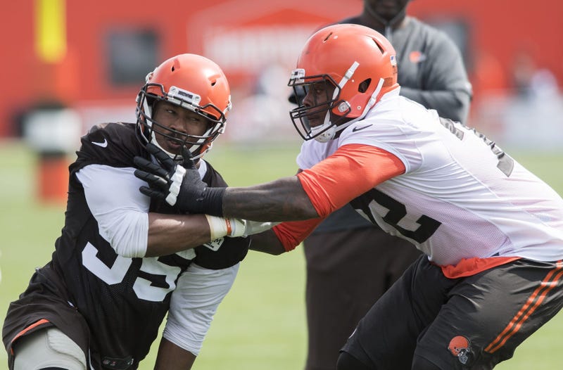 Cleveland Browns defensive end Myles Garrett (95) works against offensive tackle Shon Coleman (72) during training camp at the Cleveland Browns Training Complex.