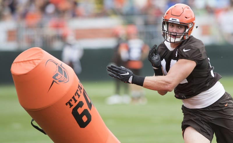 Cleveland Browns defensive end Carl Nassib (94) runs a drill during training camp at the Cleveland Browns Training Complex.
