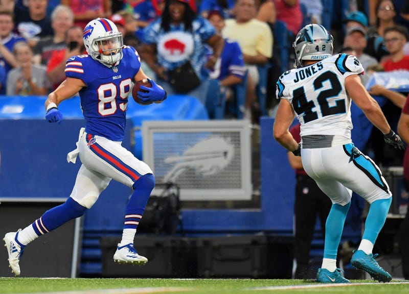 Buffalo Bills wide receiver Brandon Reilly (89) runs with the ball after a catch as Carolina Panthers defensive back Colin Jones