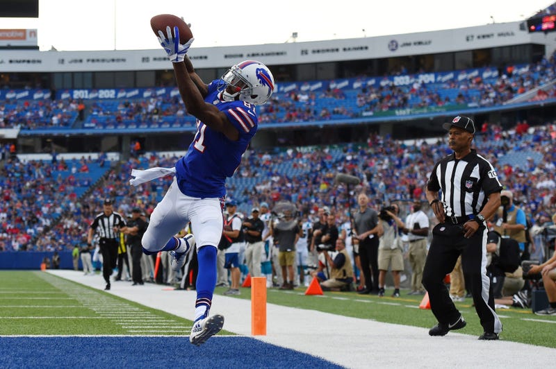 Buffalo Bills wide receiver Rod Streater (81) catches a pass for a touchdown that would be called back for off-setting penalties against the Carolina Panthers during the first quarter at New Era Field. 