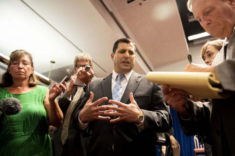 August 14, 2018; Harrisburg, PA, USA; State representative Mark Rozzi (D-Berks) speaks to media about the findings of the grand jury's report means to him after the press conference