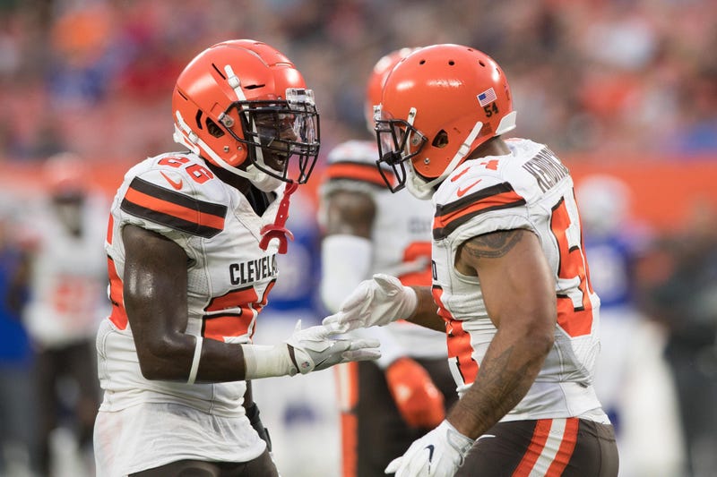 Cleveland Browns defensive back Derrick Kindred (26) and linebacker Mychal Kendricks (54) at FirstEnergy Stadium.