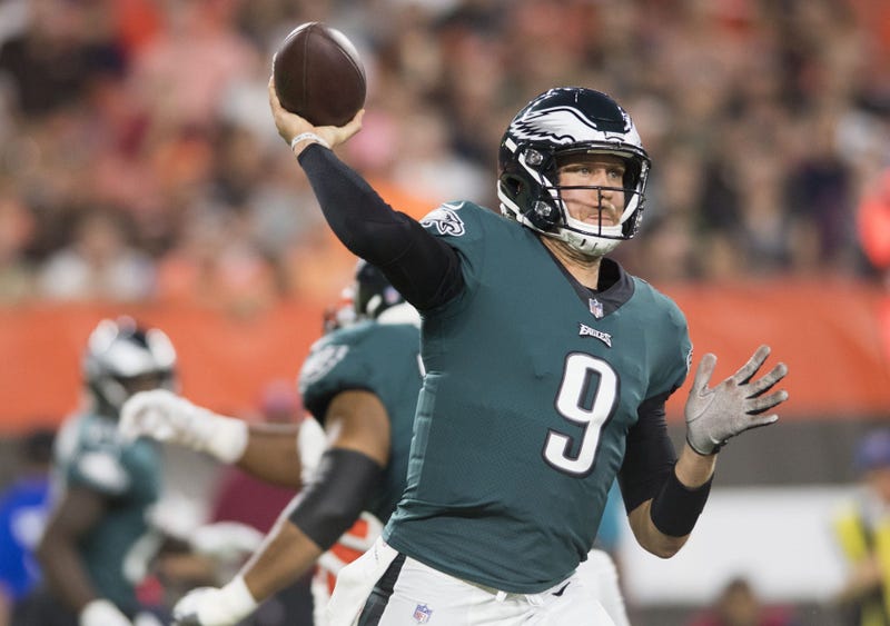 Aug 23, 2018; Cleveland, OH, USA; Philadelphia Eagles quarterback Nick Foles (9) throws a pass during the first quarter against the Cleveland Browns at FirstEnergy Stadium.