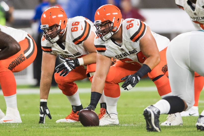 Cleveland Browns offensive guard Spencer Drango (66) and center JC Tretter (64) during the first quarter at FirstEnergy Stadium