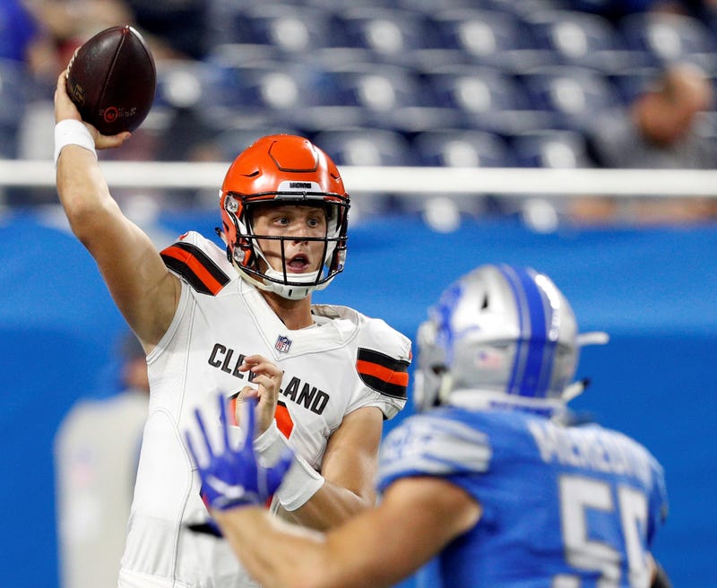 leveland Browns quarterback Brogan Roback (3) passes the ball against Detroit Lions linebacker Chad Meredith (59) during the fourth quarter at Ford Field.