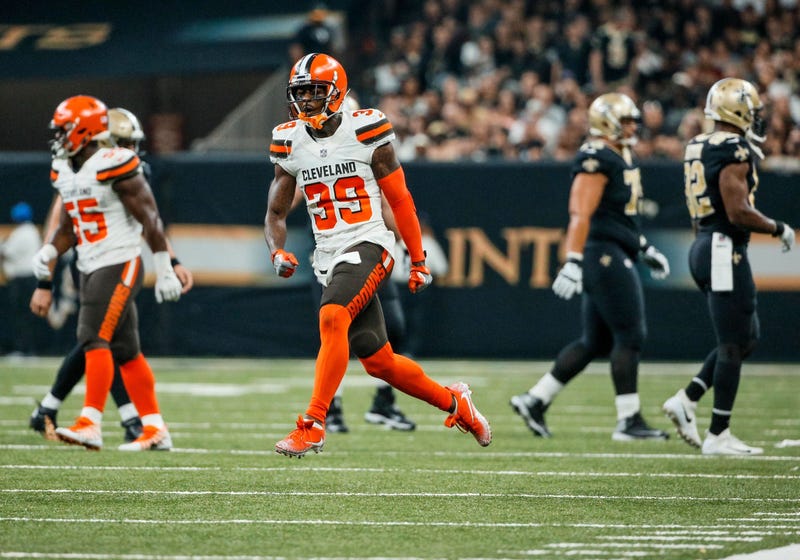 Cleveland Browns cornerback Terrance Mitchell (39) celebrates after a turnover by the New Orleans Saints during the second quarter at the Mercedes-Benz Superdome.