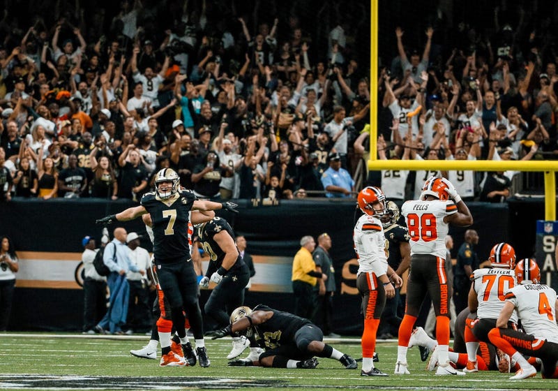 New Orleans Saints specialist Taysom Hill (7) reacts as Cleveland Browns place kicker Zane Gonzalez (2) misses a game tying field goal during the fourth quarter at the Mercedes-Benz Superdome