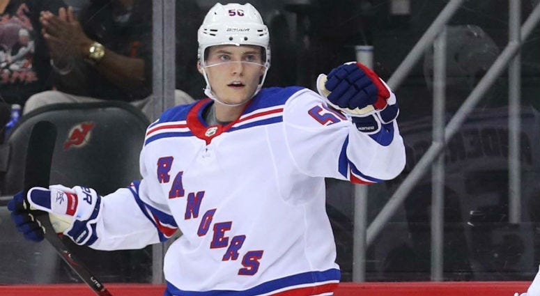 Lias Andersson celebrates his goal during the first period of their game against the New Jersey Devils at Prudential Center.