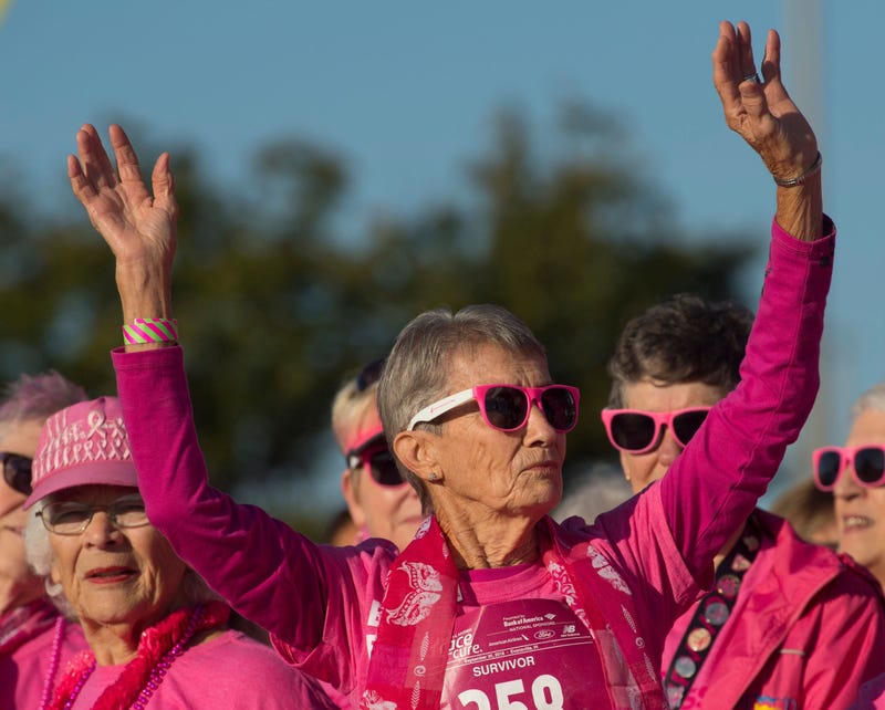 etty Singer, 87, of Evansville is acknowledged as a 47-year breast cancer survivor at the 2018 Susan G. Komen Race for the Cure at Eastland Mall Sunday morning. 