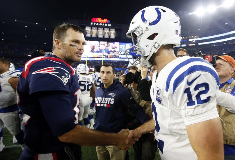 Oct 4, 2018; Foxborough, MA, USA; New England Patriots quarterback Tom Brady (12) shakes hands with Indianapolis Colts quarterback Andrew Luck (12) after New England's 38-24 win at Gillette Stadium. Mandatory Credit: Winslow Townson-USA TODAY Sports
