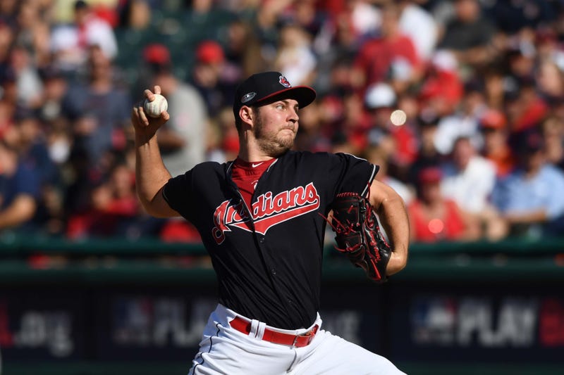 Oct 8, 2018; Cleveland, OH, USA; Cleveland Indians starting pitcher Trevor Bauer (47) throws a pitch in the sixth inning against the Houston Astros during game three of the 2018 ALDS playoff baseball series at Progressive Field. Mandatory Credit: Ken Blaz