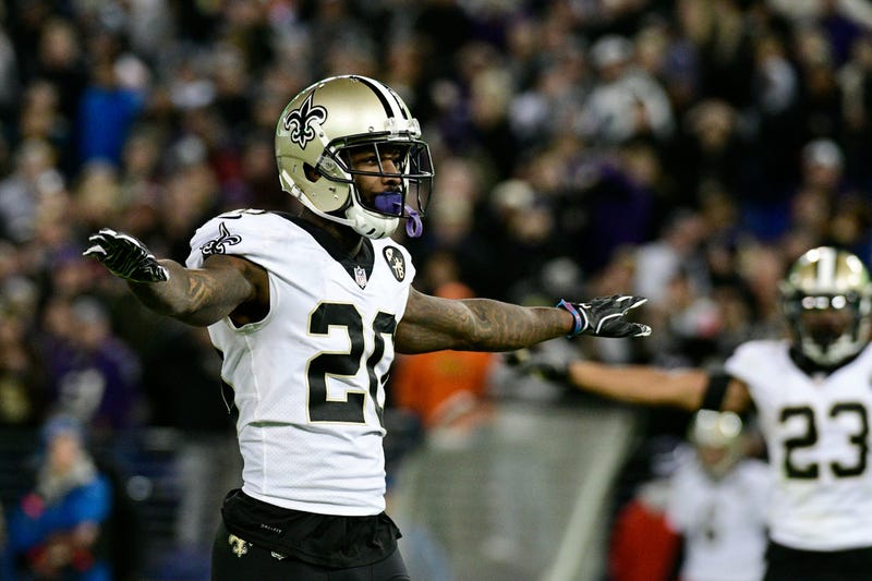 New Orleans Saints cornerback Ken Crawley (20) reacts after the play during the fourth quarter against the Baltimore Ravens at M&T Bank Stadium.