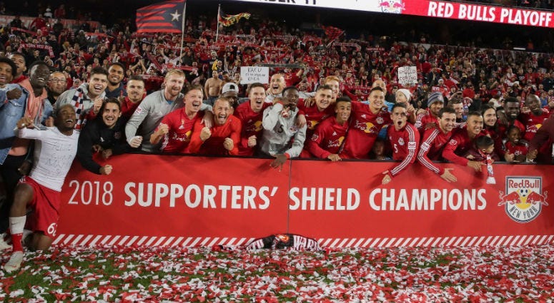  New York Red Bulls celebrate after their 1-0 victory against Orlando City at Red Bull Arena. 