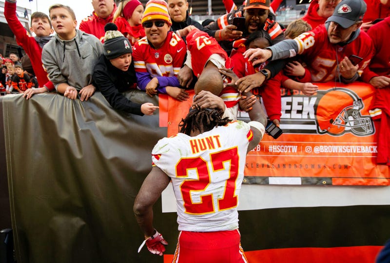 Kansas City Chiefs running back Kareem Hunt (27) visits with fans after the game against the Cleveland Browns at FirstEnergy Stadium.