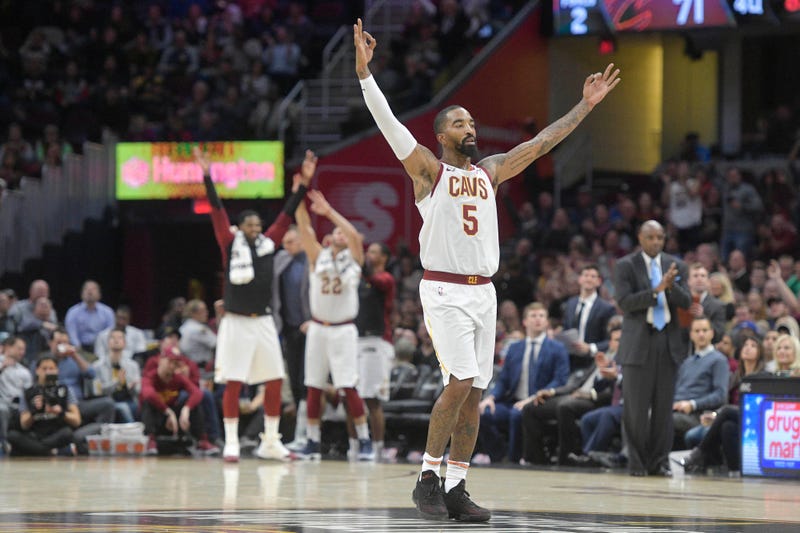 Nov 7, 2018; Cleveland, OH, USA; Cleveland Cavaliers guard JR Smith (5) celebrates in the fourth quarter against the Oklahoma City Thunder at Quicken Loans Arena. Mandatory Credit: David Richard-USA TODAY Sports