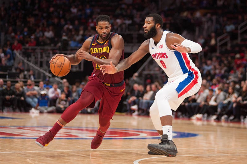 Cleveland Cavaliers center Tristan Thompson (13) drives to the basket as Detroit Pistons center Andre Drummond (0) defends during the third quarter at Little Caesars Arena