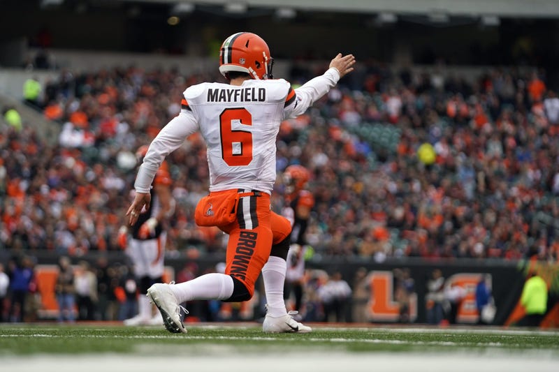 Cleveland Browns quarterback Baker Mayfield (6) reacts to a first down against the Cincinnati Bengals in the first half at Paul Brown Stadium.