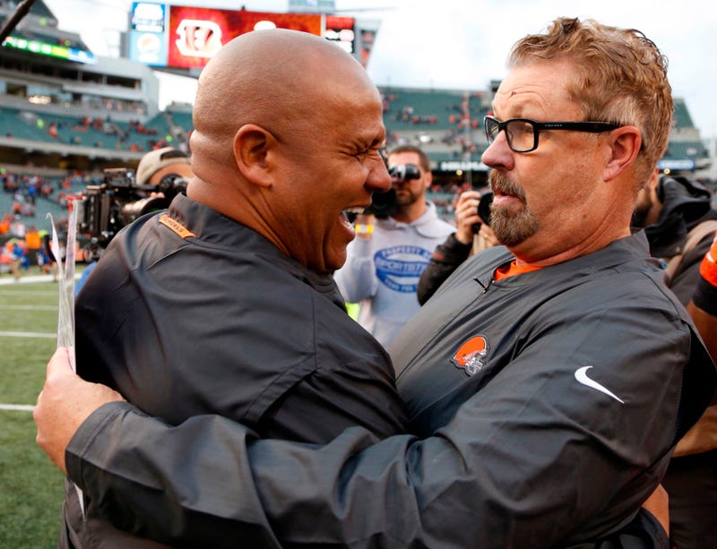  Cincinnati Bengals special assistant to the head coach Hue Jackson (left) talks with Cleveland Browns head coach Gregg Williams (right) after the Browns defeated the Bengals at Paul Brown Stadium. 