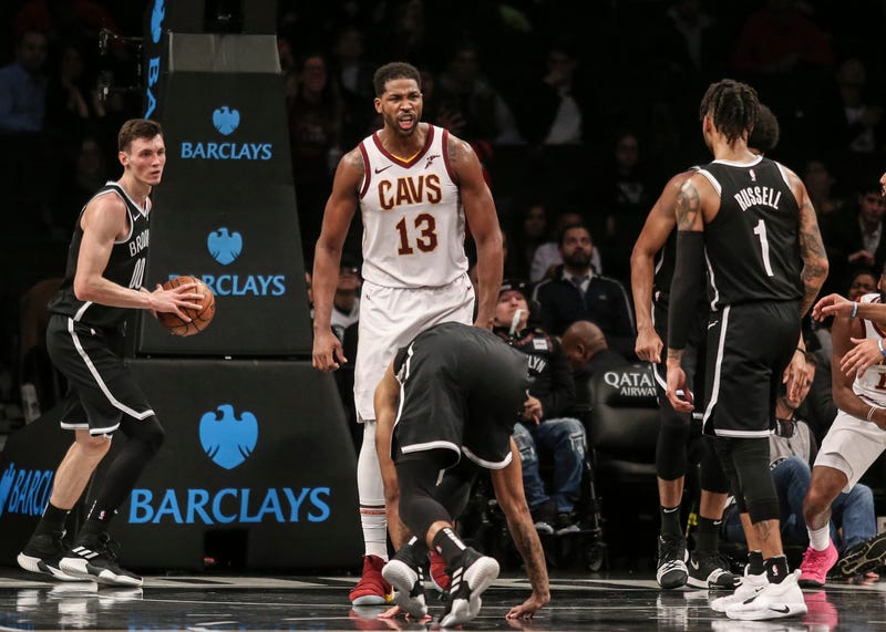 Dec 3, 2018; Brooklyn, NY, USA; Cleveland Cavaliers center Tristan Thompson (13) celebrates after scoring the game winning basket in a 99-97 victory over the Brooklyn Nets at Barclays Center. Mandatory Credit: Wendell Cruz-USA TODAY Sports