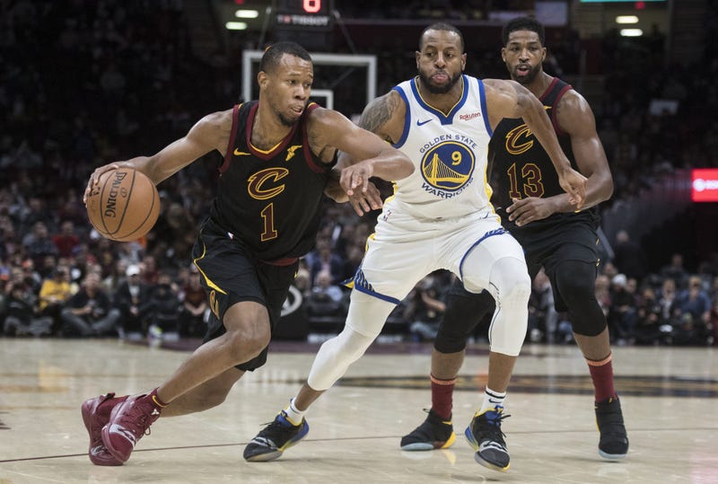Dec 5, 2018; Cleveland, OH, USA; Cleveland Cavaliers guard Rodney Hood (1) drives to the basket against Golden State Warriors guard Andre Iguodala (9) during the second half at Quicken Loans Arena. Mandatory Credit: Ken Blaze-USA TODAY Sports