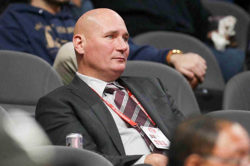 Dec 5, 2018; Atlanta, GA, USA; Atlanta Hawks general manager Travis Schlenk watches a game against the Washington Wizards in the fourth quarter at State Farm Arena. Mandatory Credit: Brett Davis-USA TODAY Sports