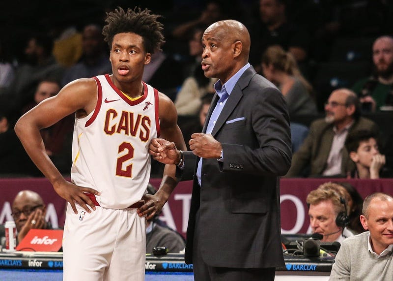 Dec 3, 2018; Brooklyn, NY, USA; Cleveland Cavaliers head coach Larry Drew and guard Collin Sexton (2) at Barclays Center. Mandatory Credit: Wendell Cruz-USA TODAY Sports