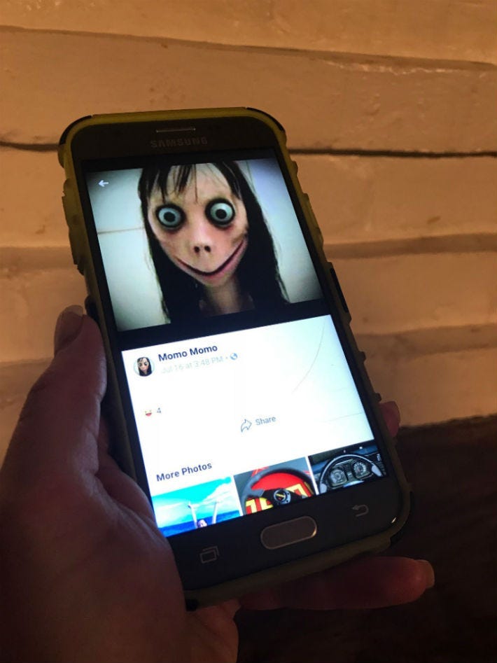 The avatar of "Momo" as seen on Facebook. Momo Challenge avatar.
