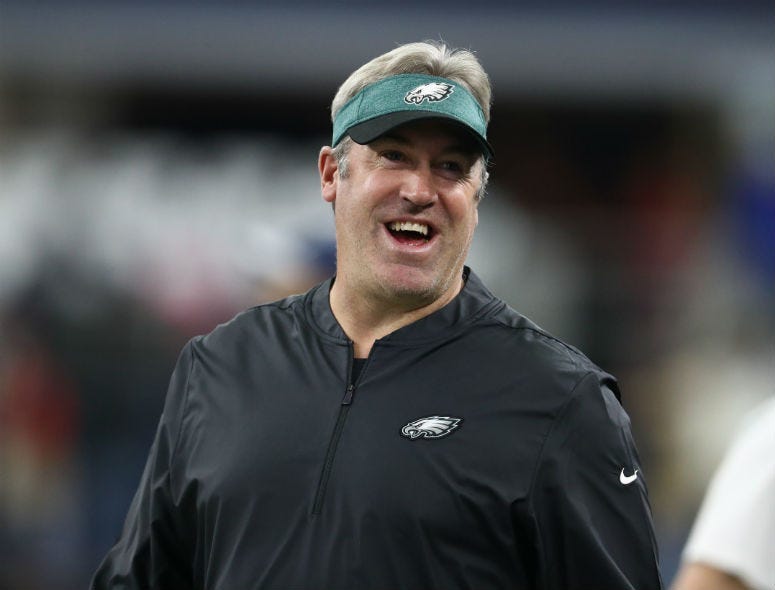 Dec 9, 2018; Arlington, TX, USA; Philadelphia Eagles head coach Doug Pederson smiles prior to the game against the Dallas Cowboys at AT&T Stadium.