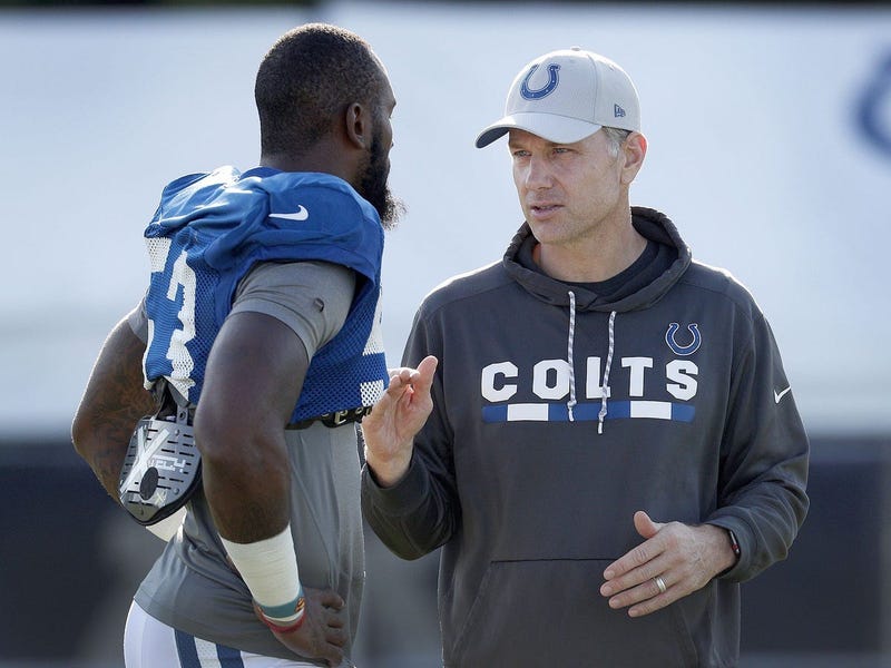 Indianapolis Colts defensive coordinator Matt Eberflus talks with linebacker Darius Leonard (53) during the Colts training camp at Grand Park in Westfield on Monday, August 6, 2018. Indianapolis Colts Training Camp At Grand Park In Westfield
