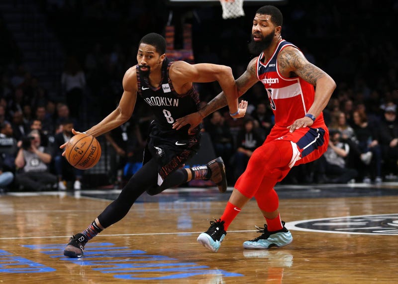 Dec 14, 2018; Brooklyn, NY, USA; Brooklyn Nets guard Spencer Dinwiddie (8) drives to the basket against Washington Wizards forward Markieff Morris (5) during the second half at Barclays Center. 