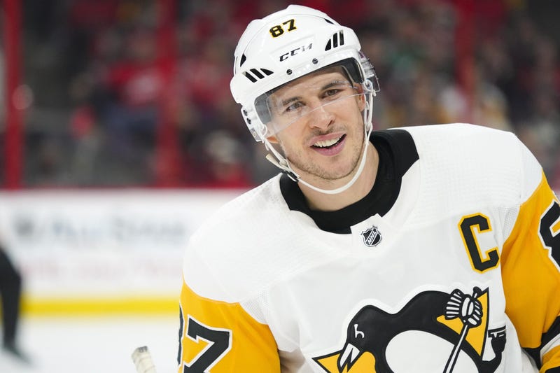 Pittsburgh Penguins center Sidney Crosby (87) smiles against the Carolina Hurricanes at PNC Arena. 