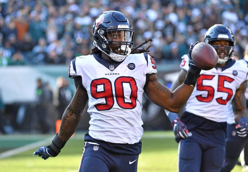 Dec 23, 2018; Philadelphia, PA, USA; Houston Texans outside linebacker Jadeveon Clowney (90) celebrates after recovering fumble against the Philadelphia Eagles during the second quarter at Lincoln Financial Field.